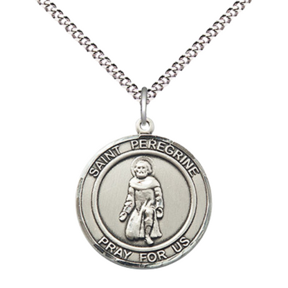 Medium Women's Pewter Saint St. Peregrine Medal Pendant on 18 Inch Rhodium Plated Lite Curb Brass Chain w/Lobster Claw clasp, Catholic Religious Necklace - Made in USA - Deluxe Velvet Gift Box