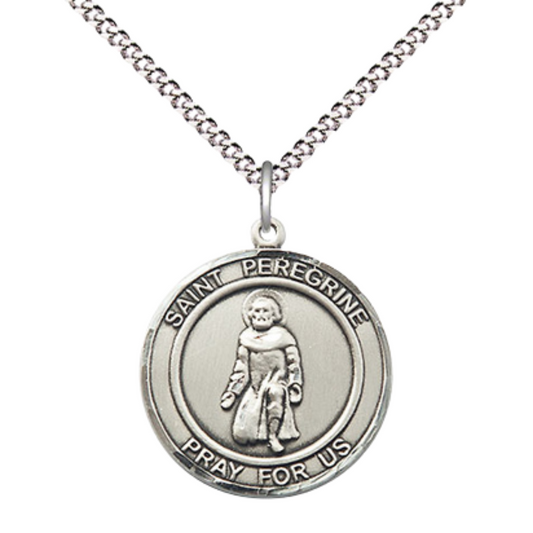 Medium Women's Pewter Saint St. Peregrine Medal Pendant on 18 Inch Rhodium Plated Lite Curb Brass Chain w/Lobster Claw clasp, Catholic Religious Necklace - Made in USA - Deluxe Velvet Gift Box