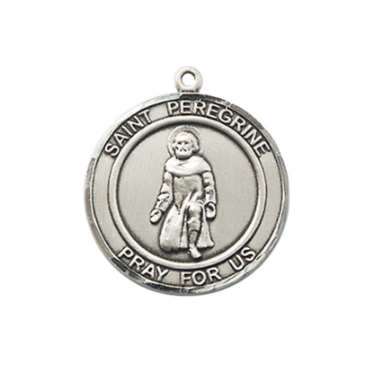 Medium Women's Pewter Saint St. Peregrine Medal Pendant on 18 Inch Rhodium Plated Lite Curb Brass Chain w/Lobster Claw clasp, Catholic Religious Necklace - Made in USA - Deluxe Velvet Gift Box
