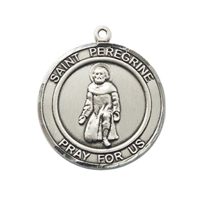 Mens Medium Round Pewter Saint St. Peregrine Medal Pendant on 24 Inch Rhodium Plated Heavy Curb Brass Chain with Lobster Claw Clasp, Catholic Religious Necklace - Made in USA- Deluxe Velvet Gift Box