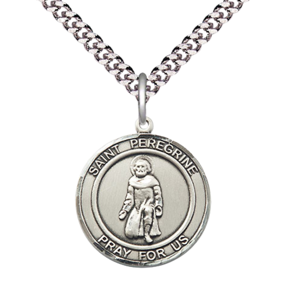 Mens Medium Round .925 Sterling Silver Saint St. Peregrine Medal Pendant on 24 Inch Rhodium Plated Heavy Curb Brass Chain w/ Lobster Claw Clasp, Catholic Religious Necklace - Made in USA- Velvet Gift Box