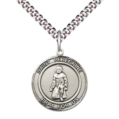 Mens Medium Round Pewter Saint St. Peregrine Medal Pendant on 24 Inch Rhodium Plated Heavy Curb Brass Chain with Lobster Claw Clasp, Catholic Religious Necklace - Made in USA- Deluxe Velvet Gift Box