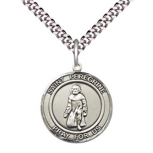 Medium Men's .925 Sterling Silver Saint St. Peregrine Medal Pendant on 24 Inch Endless Rhodium Plated Heavy Curb Brass Chain, Catholic Religious Necklace - Made in USA- Deluxe Velvet Gift Box