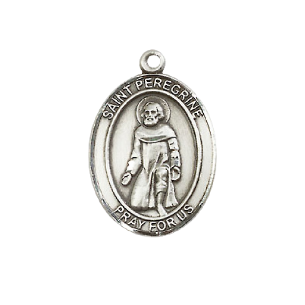 Medium Women's .925 Sterling Silver Saint St. Peregrine Laziosi Pendant Necklace on 18 Inch Rhodium Plated Lite Curb Brass Chain – ¾" x ½" Medal – Patron Saint St. of Cancer & Running Sores, Catholic Medal – Velvet Gift Box Included