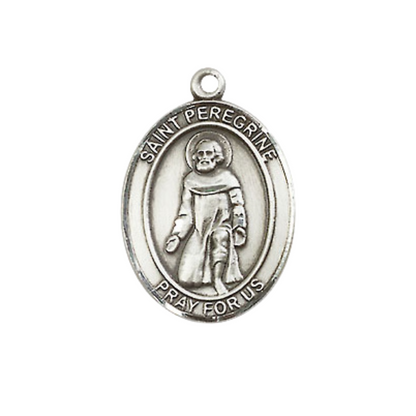 Medium Women's .925 Sterling Silver Saint St. Peregrine Laziosi Pendant Necklace on 18 Inch Rhodium Plated Lite Curb Brass Chain – ¾" x ½" Medal – Patron Saint St. of Cancer & Running Sores, Catholic Medal – Velvet Gift Box Included