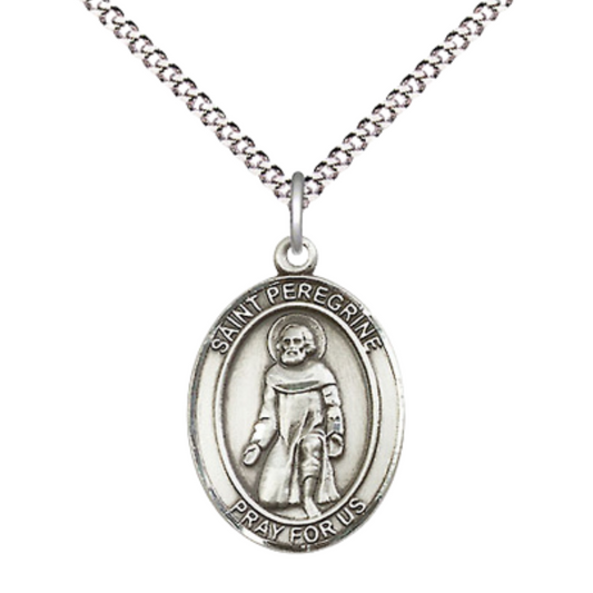 Everlasting Light Jewelry Medium Women's Pewter Saint St. Peregrine Laziosi Pendant Necklace on 18- inch Rhodium- Plated Lite Curb Brass Chain – Patron Saint St. of Cancer & Running Sores, Catholic Medal – Velvet Gift Box Included