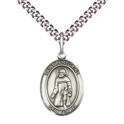 Medium Mens Oval .925 Sterling Silver Saint St. Peregrine Laziosi Medal Pendant on 24 Inch Rhodium Plated Heavy Curb Brass Chain w/ Lobster Claw Clasp, Catholic Religious Necklace - Made in USA- Velvet Gift Box