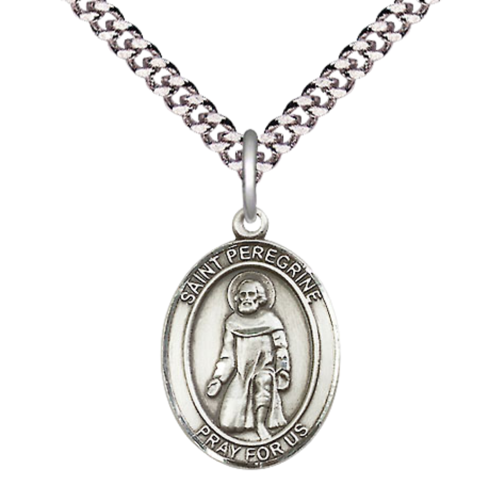 Medium Men's Pewter Saint St.Peregrine Laziosi Medal Pendant on 24 Inch Endless Rhodium Plated Heavy Curb Brass Chain, Catholic Religious Necklace -Made in USA- Deluxe Velvet Gift Box