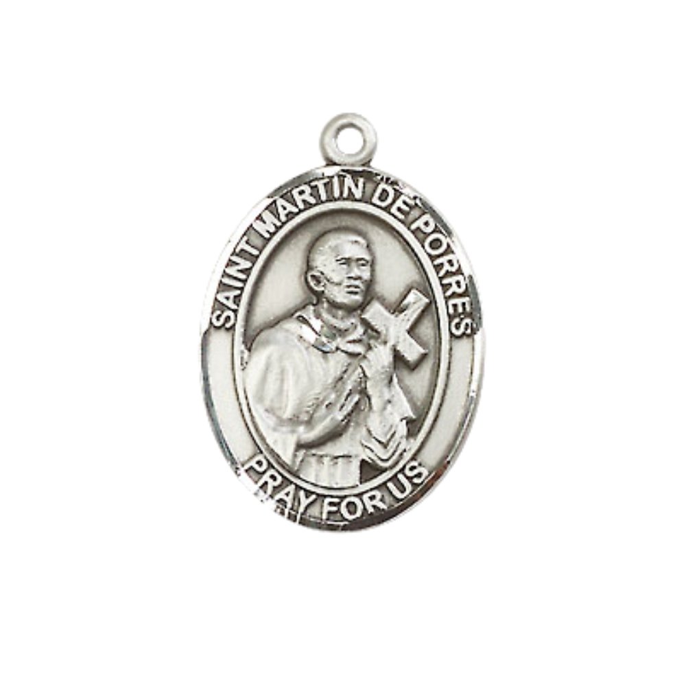 Everlasting Light Jewelry Medium Women's Pewter Saint St. Martin de Porres Pendant Necklace on 18- inch Rhodium- Plated Lite Curb Brass Chain – Patron Saint St. of Bi- racial People, Catholic Medal – Velvet Gift Box Included