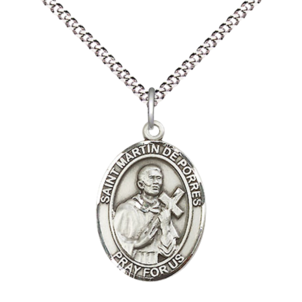 Medium Women's .925 Sterling Silver Saint St. Martin de Porres Pendant Necklace on 18 Inch Rhodium Plated Lite Curb Brass Chain – ¾" x ½" Medal – Patron Saint St. of Bi- racial People, Catholic Medal – Velvet Gift Box Included