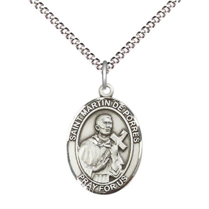 Medium Women's .925 Sterling Silver Saint St. Martin de Porres Pendant Necklace on 18 Inch Rhodium Plated Lite Curb Brass Chain – ¾" x ½" Medal – Patron Saint St. of Bi- racial People, Catholic Medal – Velvet Gift Box Included