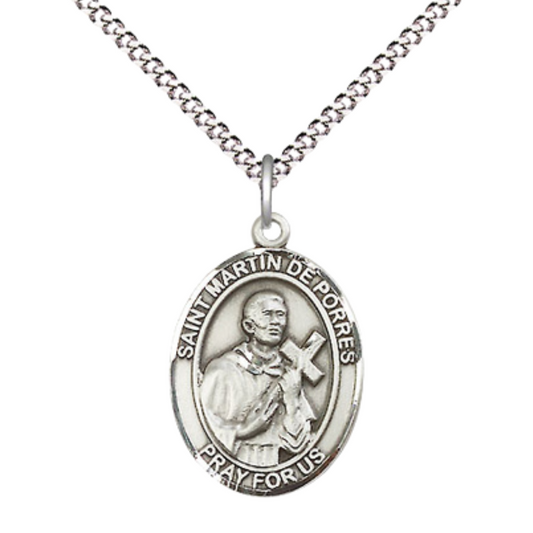 Medium Women's .925 Sterling Silver Saint St. Martin de Porres Pendant Necklace on 18 Inch Rhodium Plated Lite Curb Brass Chain – ¾" x ½" Medal – Patron Saint St. of Bi- racial People, Catholic Medal – Velvet Gift Box Included