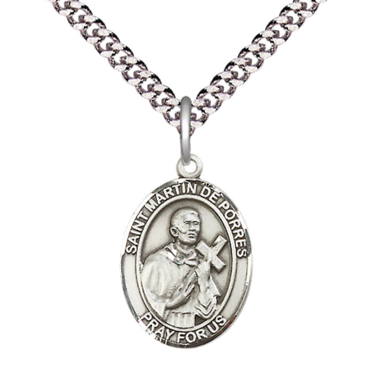 Medium Men's .925 Sterling Silver Saint St. Martin de Porres Medal Pendant on 24 Inch Endless Rhodium Plated Heavy Curb Brass Chain, Catholic Religious Necklace - Made in USA- Deluxe Velvet Gift Box
