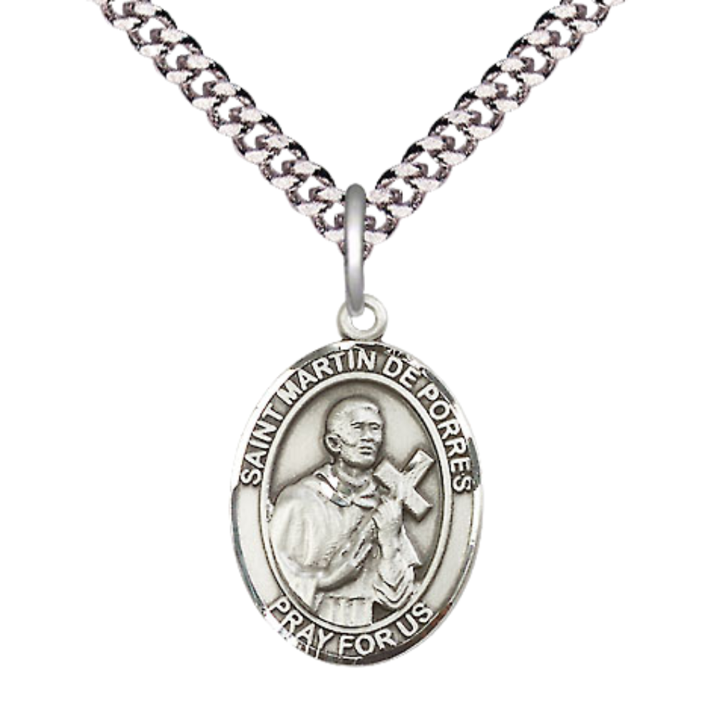 Medium Mens Oval .925 Sterling Silver Saint St. Martin de Porres Medal Pendant on 24 Inch Rhodium Plated Heavy Curb Brass Chain w/ Lobster Claw Clasp, Catholic Religious Necklace - Made in USA- Velvet Gift Box