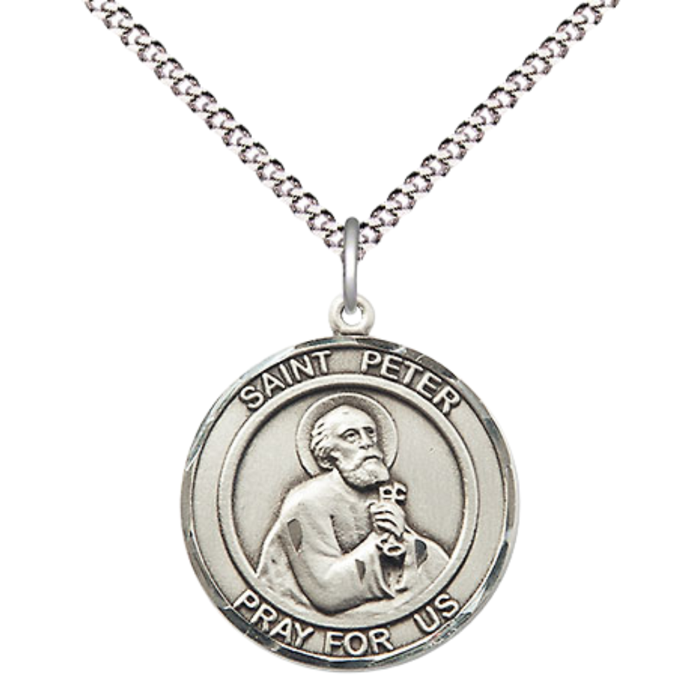 Medium Women's Pewter Patron Saint St. Peter the Apostle Medal Pendant with 18 Inch Rhodium Plated Lite Curb Brass Chain Catholic Religious Necklace - Made in USA, Deluxe Velvet Gift Box