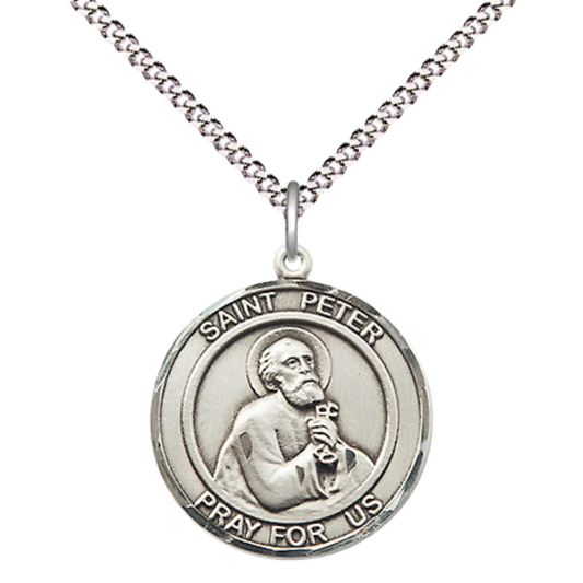 Medium Women's Pewter Patron Saint St. Peter the Apostle Medal Pendant with 18 Inch Rhodium Plated Lite Curb Brass Chain Catholic Religious Necklace - Made in USA, Deluxe Velvet Gift Box