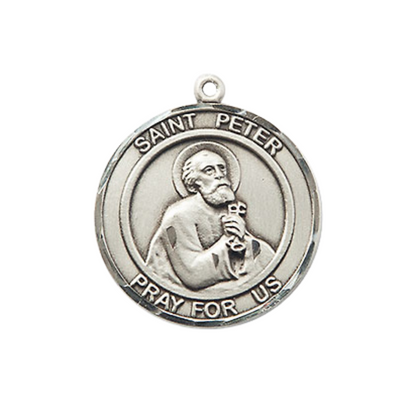 Medium Women's Pewter Patron Saint St. Peter the Apostle Medal Pendant with 18 Inch Rhodium Plated Lite Curb Brass Chain Catholic Religious Necklace - Made in USA, Deluxe Velvet Gift Box