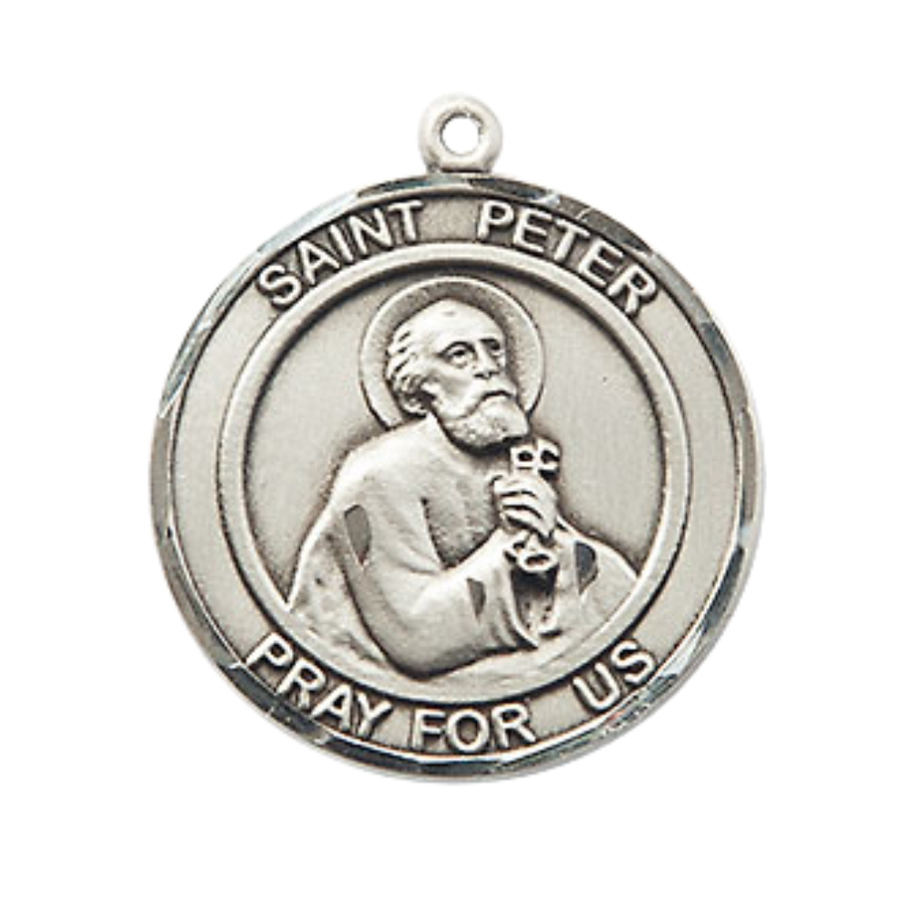 Everlasting Light Jewelry Medium Men's Pewter Patron Saint St.Peter the Apostle Medal Pendant with 24" Rhodium Plated Heavy Curb Chain Catholic Religious Necklace - Made in USA,Deluxe Velvet Gift Box
