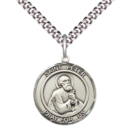 Everlasting Light Jewelry Medium Men's Pewter Patron Saint St.Peter the Apostle Medal Pendant with 24" Rhodium Plated Heavy Curb Chain Catholic Religious Necklace - Made in USA,Deluxe Velvet Gift Box