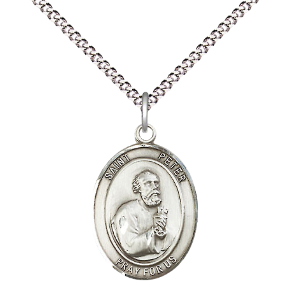 Everlasting Light Jewelry Medium Women's Pewter Patron Saint St. Peter the Apostle Medal Pendant on 18 Inch Rhodium Plated Lite Curb Brass Chain Catholic Religious Necklace - Made in USA, Deluxe Velvet Gift Box