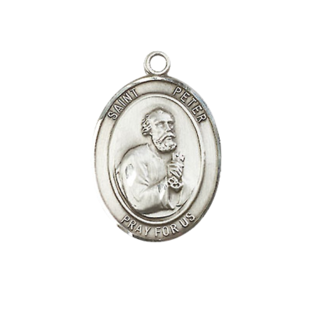 Everlasting Light Jewelry Medium Women's Pewter Patron Saint St. Peter the Apostle Medal Pendant on 18 Inch Rhodium Plated Lite Curb Brass Chain Catholic Religious Necklace - Made in USA, Deluxe Velvet Gift Box