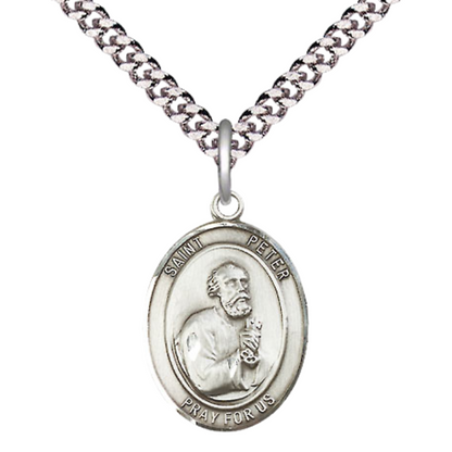 Medium Men's .925 Sterling Silver Patron Saint St.Peter the Apostle Medal Pendant with 24" Rhodium Plated Heavy Curb Chain Catholic Religious Necklace - Made in USA,Deluxe Velvet Gift Box