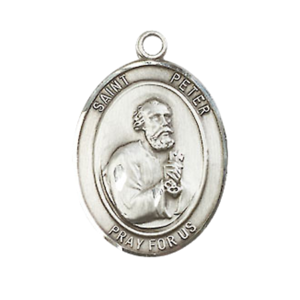 Everlasting Light Jewelry Medium Men's Pewter Patron Saint St.Peter the Apostle Medal Pendant with 24" Rhodium-Plated Heavy Curb Chain Catholic Religious Necklace - Made in USA,Deluxe Velvet Gift Box