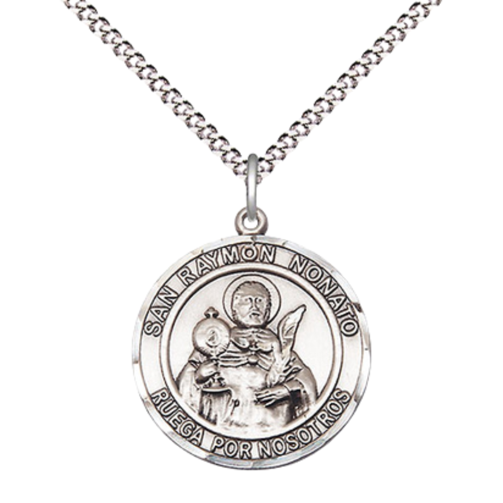 Medium Women's .925 Sterling Silver San Ramon Nonato Pendant Necklace – ¾” x ?” Medal on 18 Inch Rhodium- Plated Lite Curb Brass Chain with Lobster Claw Clasp, Catholic Medal - Patron Saint. of Midwives – Velvet Gift Box