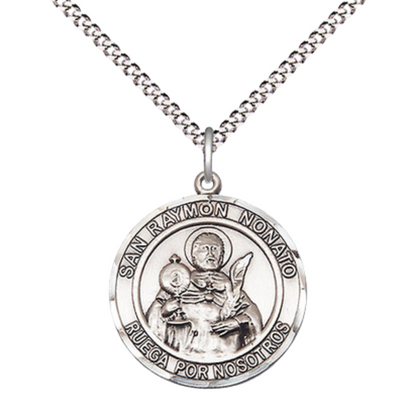 Medium Women's .925 Sterling Silver San Ramon Nonato Pendant Necklace – ¾” x ?” Medal on 18 Inch Rhodium- Plated Lite Curb Brass Chain with Lobster Claw Clasp, Catholic Medal - Patron Saint. of Midwives – Velvet Gift Box