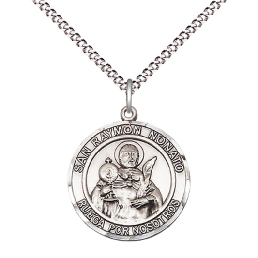 Medium Women's .925 Sterling Silver San Ramon Nonato Pendant Necklace – ¾” x ?” Medal on 18 Inch Rhodium- Plated Lite Curb Brass Chain with Lobster Claw Clasp, Catholic Medal - Patron Saint. of Midwives – Velvet Gift Box