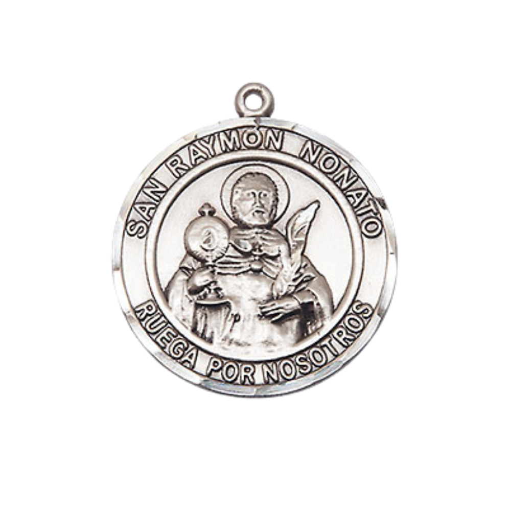 Spanish Script Men's .925 Sterling Silver Saint St. Ramon Nonato Medal Pendant on 24 Inch Endless Rhodium Plated Heavy Curb Chain, Catholic Religious Necklace - Made in USA, Comes in Deluxe Velvet Gift Box
