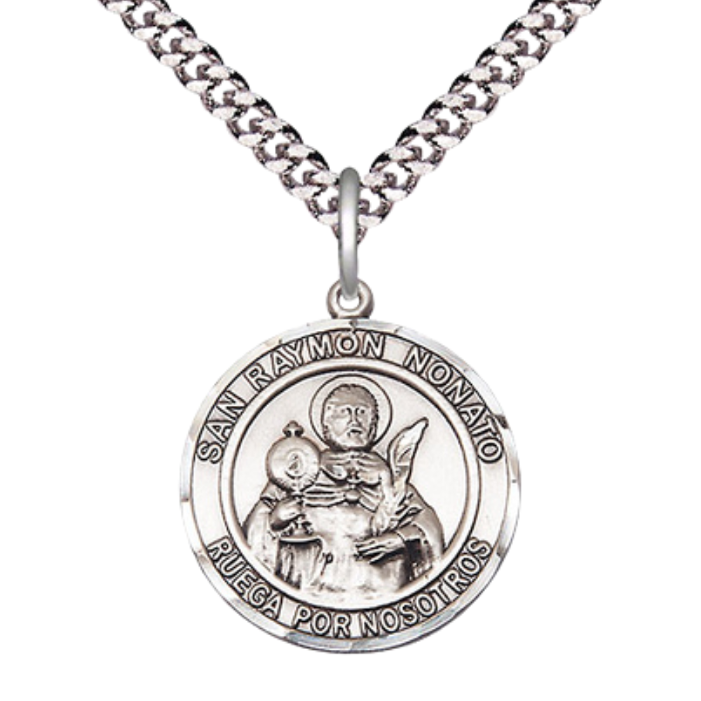 Mens Medium Round .925 Sterling Silver Saint St. Ramon Nonato Medal Pendant on 24 Inch Rhodium Plated Heavy Curb Brass Chain w/ Lobster Claw Clasp, Catholic Religious Necklace - Made in USA- Velvet Gift Box