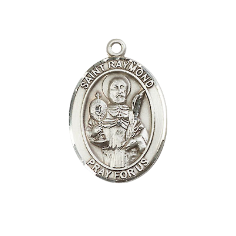 Medium Women's Pewter Saint St. Raymond Nonnatus Pendant Necklace on 18- inch Rhodium- Plated Lite Curb Brass Chain – Patron Saint St. of the Young & Offspring birth, Catholic Medal – Velvet Gift Box Included