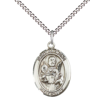 Medium Women's Pewter Saint St. Raymond Nonnatus Pendant Necklace on 18- inch Rhodium- Plated Lite Curb Brass Chain – Patron Saint St. of the Young & Offspring birth, Catholic Medal – Velvet Gift Box Included