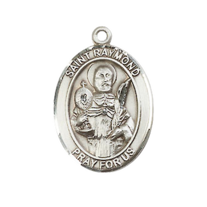 Medium Mens Oval Sterling Silver Saint Raymond Nonnatus Medal Pendant on 24" Rhodium Plated Heavy Curb Brass Chain w/ Lobster Claw Clasp, Catholic Religious Necklace -Made in USA-Velvet Gift Box
