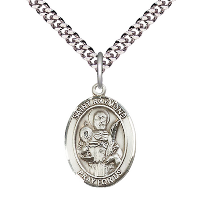 Mens Medium Oval Pewter Saint St. Raymond Nonnatus Medal Pendant on 24 Inch Rhodium Plated Heavy Curb Brass Chain w/ Lobster Claw Clasp, Catholic Religious Necklace - Made in USA- Velvet Gift Box