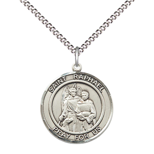 Everlasting Light Jewelry Medium Women's .925 Sterling Silver Saint St. Raphael the Archangel Pendant Necklace on 18 Inch Rhodium- Plated Lite Curb Brass Chain with Lobster Claw Clasp, Catholic Medal – Velvet Gift Box Included