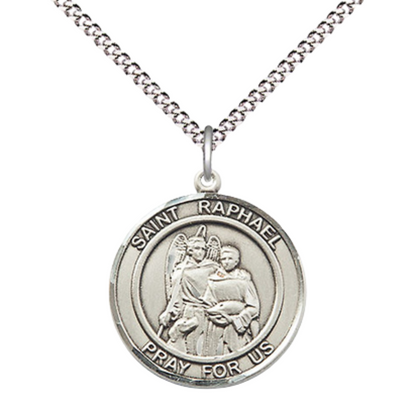 Medium Women's Pewter Patron Saint St. Raphael the Archangel Medal Pendant with 18 Inch Rhodium Plated Lite Curb Brass Chain Catholic Religious Necklace - Made in USA, Deluxe Velvet Gift Box