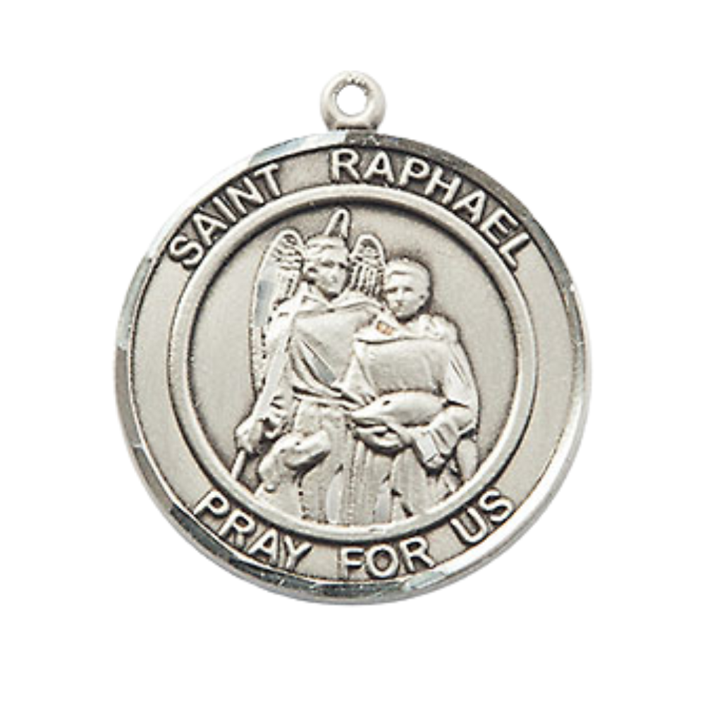 Medium Men's .925 Sterling Silver Patron Saint St. Raphael the Archangel Medal Pendant with 24 Inch Rhodium Plated Heavy Curb Chain Catholic Religious Necklace - Made in USA, Deluxe Velvet Gift Box