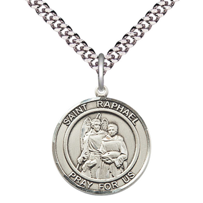 Everlasting Light Jewelry Medium Men's Pewter Patron Saint St. Raphael the Archangel Medal Pendant with 24 Inch Rhodium Plated Heavy Curb Chain Catholic Religious Necklace - Made in USA, Deluxe Velvet Gift Box