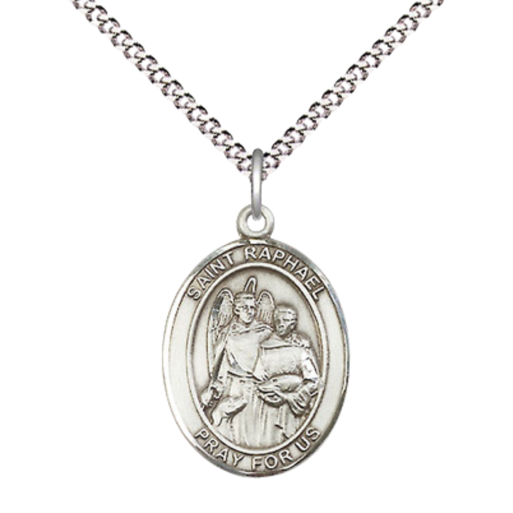 .925 Sterling Silver Saint St. Raphael the Archangel Medal Pendant on 18 Inch Rhodium Plated Lite Curb Brass Chain w/ Lobster Claw Clasp, Catholic Religious Necklace - Made in USA- Prayer Card Included