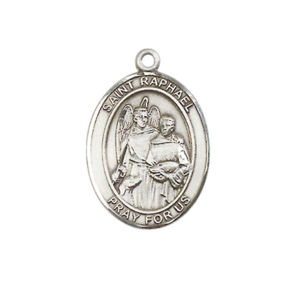 Medium Women's .925 Sterling Silver Saint St. Raphael the Archangel Pendant Necklace on 18 Inch Rhodium Plated Lite Curb Brass Chain – ¾" x ½" Medal, Catholic Medal – Velvet Gift Box Included – Patron of Blind, Love & Safe Journeys