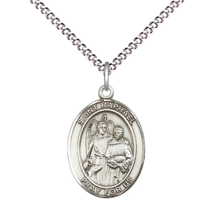 Medium Women's .925 Sterling Silver Saint St. Raphael the Archangel Pendant Necklace on 18 Inch Rhodium Plated Lite Curb Brass Chain – ¾" x ½" Medal, Catholic Medal – Velvet Gift Box Included – Patron of Blind, Love & Safe Journeys