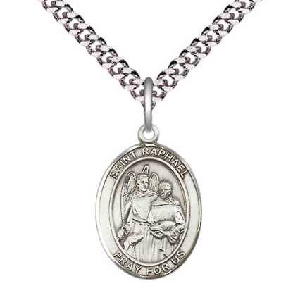Medium Men's .925 Sterling Silver Patron Saint St. Raphael the Archangel Medal Pendant with 24 Inch Rhodium Plated Heavy Curb Chain Catholic Religious Necklace - Made in USA, Deluxe Velvet Gift Box