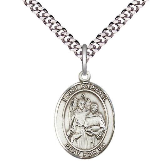 Everlasting Light Jewelry Medium Men's Pewter Patron Saint St. Raphael the Archangel Medal Pendant with 24 Inch Rhodium Plated Heavy Curb Chain Catholic Religious Necklace - Made in USA, Deluxe Velvet Gift Box
