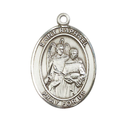 Everlasting Light Jewelry Medium Men's Pewter Patron Saint St. Raphael the Archangel Medal Pendant with 24 Inch Rhodium Plated Heavy Curb Chain Catholic Religious Necklace - Made in USA, Deluxe Velvet Gift Box