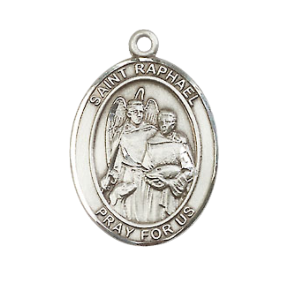 Medium Mens Oval .925 Sterling Silver Saint St. Raphael the Archangel Medal Pendant on 24 Inch Rhodium Plated Heavy Curb Brass Chain w/ Lobster Claw Clasp, Catholic Religious Necklace - Made in USA- Gift Boxed