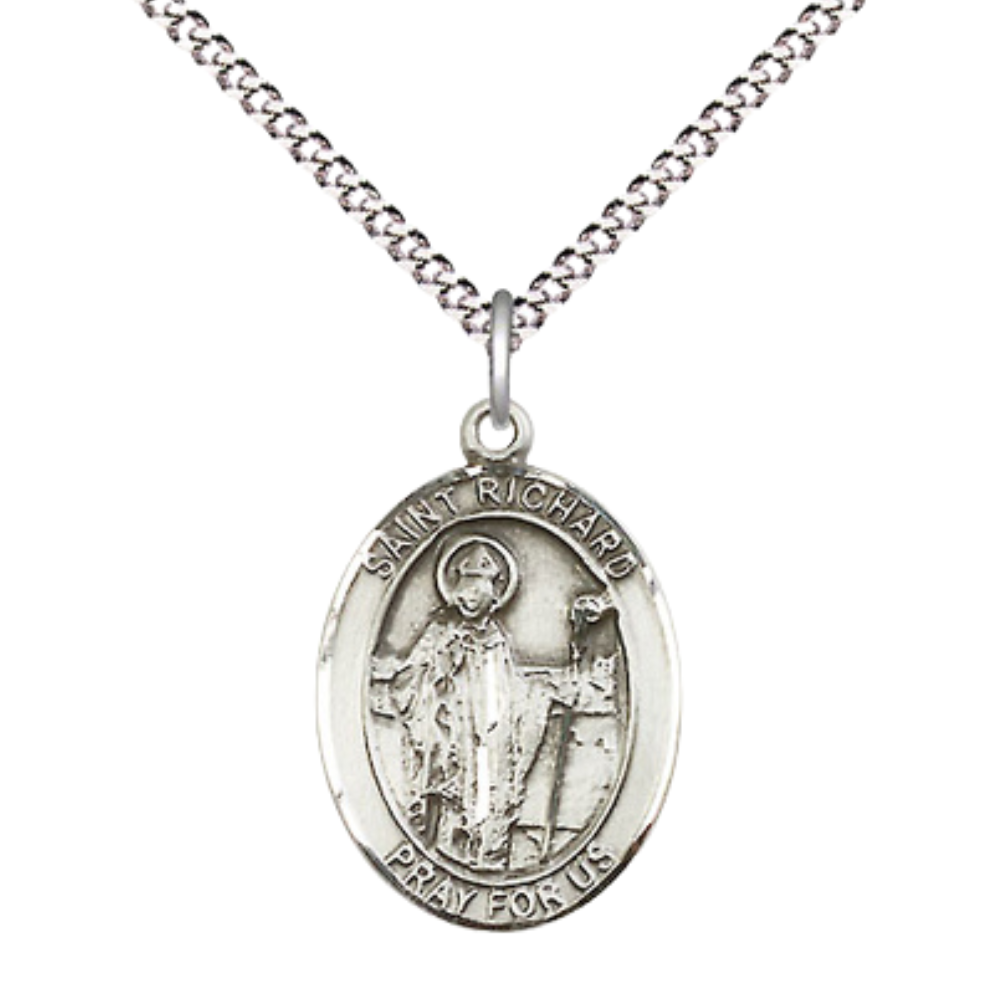 Everlasting Light Jewelry Women's .925 Sterling Silver Saint St. Richard Pendant Necklace on 18 Inch Rhodium Plated Lite Curb Brass Chain – ¾ x ½ Medal – Patron Saint St. of Large Families, Catholic Medal – Velvet Gift Box Included
