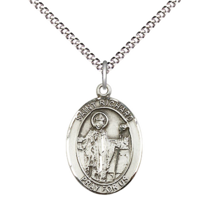 Everlasting Light Jewelry Women's .925 Sterling Silver Saint St. Richard Pendant Necklace on 18 Inch Rhodium Plated Lite Curb Brass Chain – ¾ x ½ Medal – Patron Saint St. of Large Families, Catholic Medal – Velvet Gift Box Included