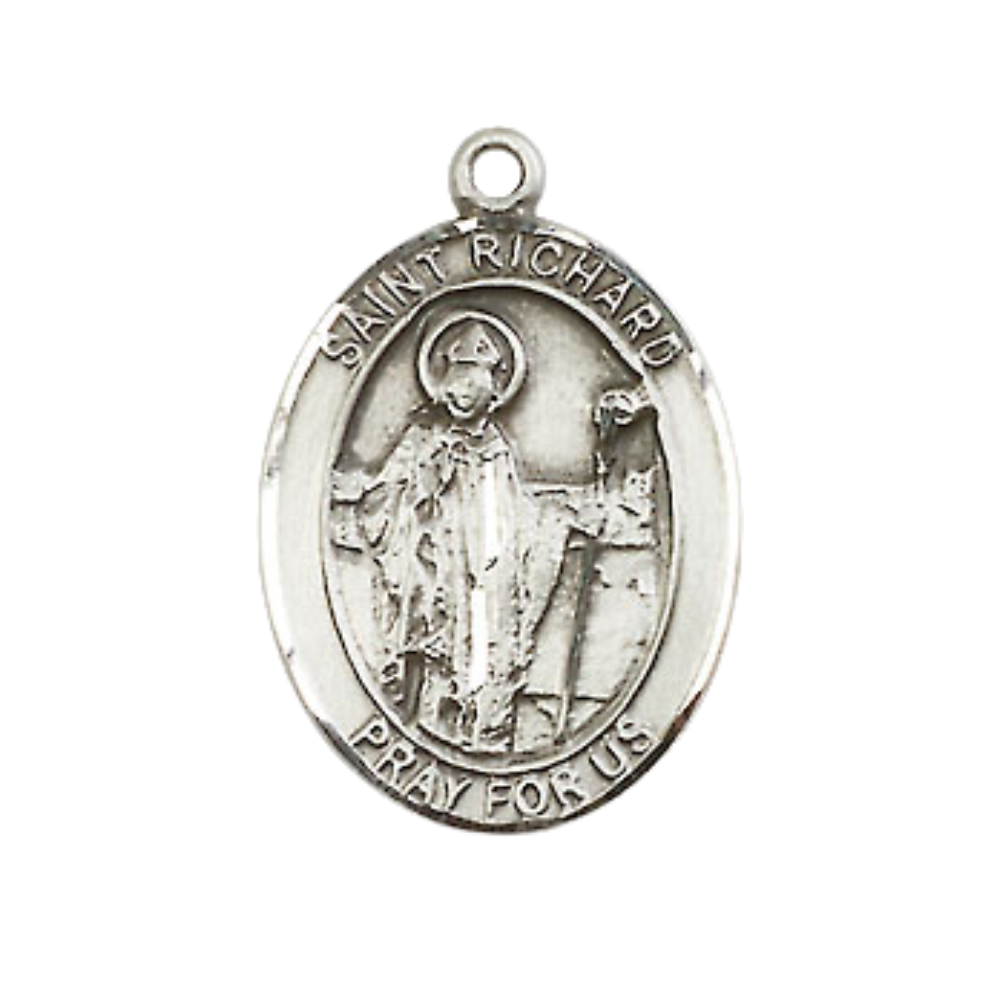 Medium Men's .925 Sterling Silver Saint St. Richard Medal Pendant on 24 Inch Endless Rhodium Plated Heavy Curb Brass Chain, Catholic Religious Necklace - Made in USA- Deluxe Velvet Gift Box